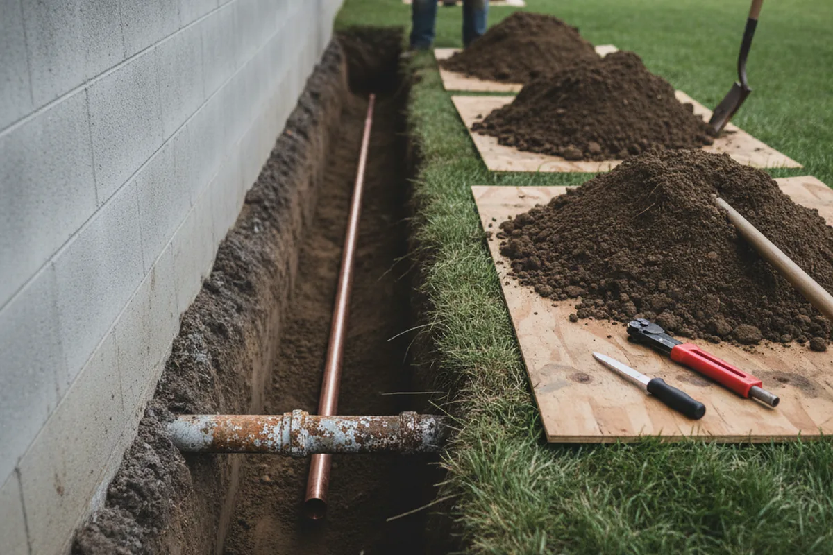 Excavated water line trench during Water Softener Installation in Fort Washington